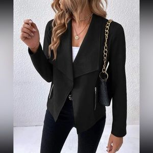 Luxe vegan suede waterfall collar open front Moto jacket